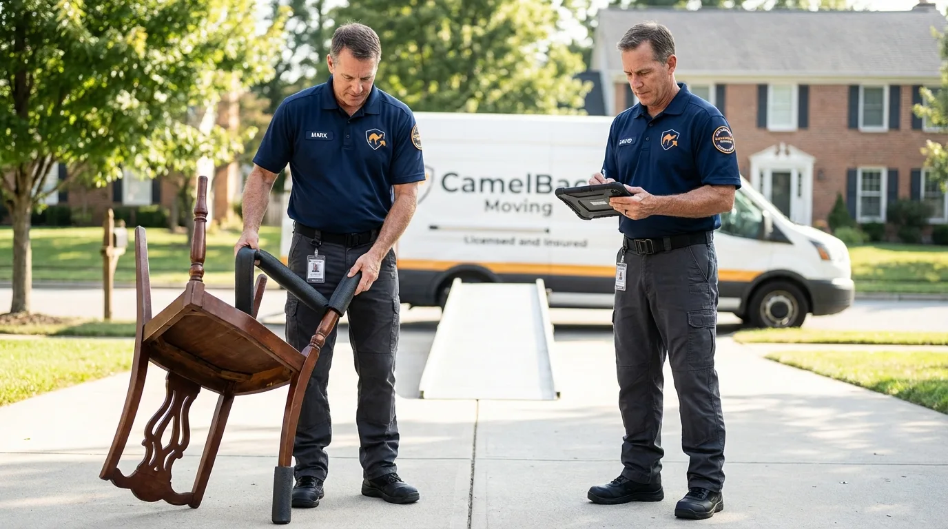 Movers inspecting furniture for damage prevention before loading in Decatur, GA