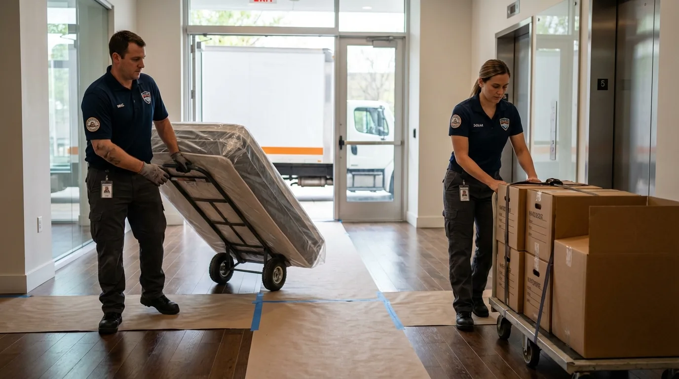 Professional apartment movers loading elevator in Decatur, GA