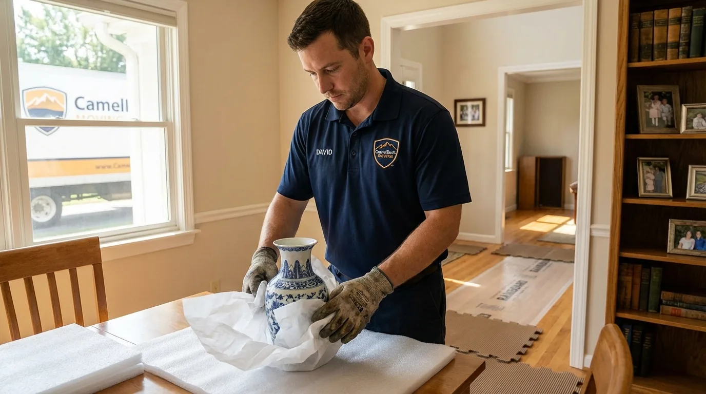 Professional crew carefully wrapping antique vase for senior downsizing move in Decatur, GA